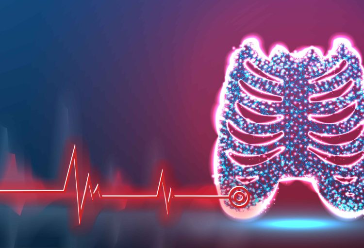 rib cage, Lateral bone, Human Anatomy Point of disease. Health and medical concept. red laser surgeon technology, Abstract low poly wireframe mesh design. Red and Blue background. Vector Illustration